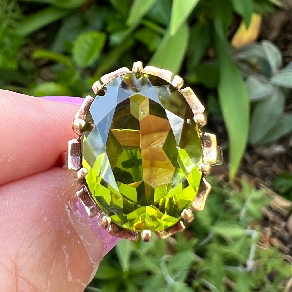 Vintage 10k Yellow Gold Oval Cut Synthetic Olive Green Spinel Ring Custom Made